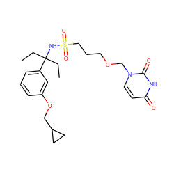 CCC(CC)(NS(=O)(=O)CCCOCn1ccc(=O)[nH]c1=O)c1cccc(OCC2CC2)c1 ZINC000116100578