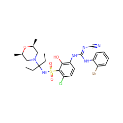 CCC(CC)(NS(=O)(=O)c1c(Cl)ccc(N/C(=N/C#N)Nc2ccccc2Br)c1O)N1C[C@H](C)O[C@H](C)C1 ZINC000036143835