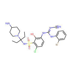 CCC(CC)(NS(=O)(=O)c1c(Cl)ccc(N/C(=N/C#N)Nc2ccccc2Br)c1O)N1CCC(N)CC1 ZINC000028604040