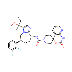 CCC(CC)(OC)c1cnc2n1C[C@H](c1cccc(F)c1F)CC[C@H]2NC(=O)N1CCC2(CC1)OC(=O)Nc1ncccc12 ZINC000071416585