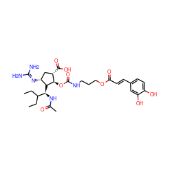 CCC(CC)[C@H](NC(C)=O)[C@@H]1[C@H](OC(=O)NCCCOC(=O)/C=C/c2ccc(O)c(O)c2)[C@@H](C(=O)O)C[C@H]1N=C(N)N ZINC000205712257