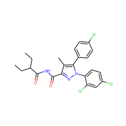 CCC(CC)C(=O)NC(=O)c1nn(-c2ccc(Cl)cc2Cl)c(-c2ccc(Cl)cc2)c1C ZINC000040936937