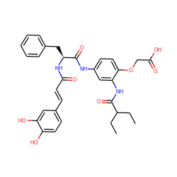 CCC(CC)C(=O)Nc1cc(NC(=O)[C@H](Cc2ccccc2)NC(=O)/C=C/c2ccc(O)c(O)c2)ccc1OCC(=O)O ZINC000103253674