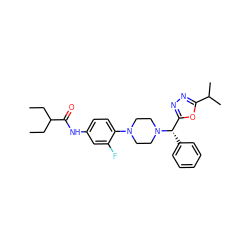 CCC(CC)C(=O)Nc1ccc(N2CCN([C@@H](c3ccccc3)c3nnc(C(C)C)o3)CC2)c(F)c1 ZINC000103226233