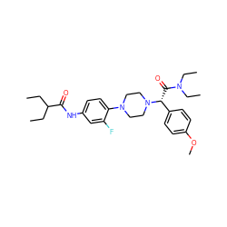 CCC(CC)C(=O)Nc1ccc(N2CCN([C@H](C(=O)N(CC)CC)c3ccc(OC)cc3)CC2)c(F)c1 ZINC000103226334