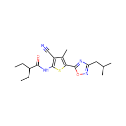 CCC(CC)C(=O)Nc1sc(-c2nc(CC(C)C)no2)c(C)c1C#N ZINC000038697622