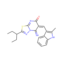 CCC(CC)C1=NN2C(=N)/C(=C\c3c(C)[nH]c4ccccc34)C(=O)N=C2S1 ZINC000020478759