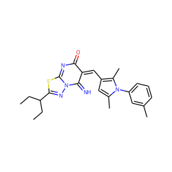 CCC(CC)C1=NN2C(=N)/C(=C\c3cc(C)n(-c4cccc(C)c4)c3C)C(=O)N=C2S1 ZINC000008691488