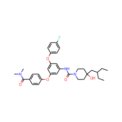 CCC(CC)CC1(O)CCN(C(=O)Nc2cc(Oc3ccc(F)cc3)cc(Oc3ccc(C(=O)N(C)C)cc3)c2)CC1 ZINC000299872058