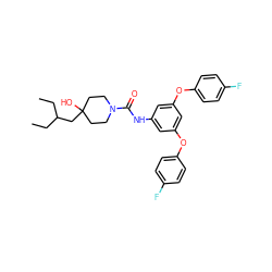 CCC(CC)CC1(O)CCN(C(=O)Nc2cc(Oc3ccc(F)cc3)cc(Oc3ccc(F)cc3)c2)CC1 ZINC000299857097