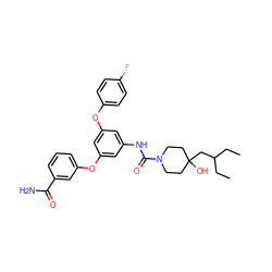 CCC(CC)CC1(O)CCN(C(=O)Nc2cc(Oc3ccc(F)cc3)cc(Oc3cccc(C(N)=O)c3)c2)CC1 ZINC000299871039