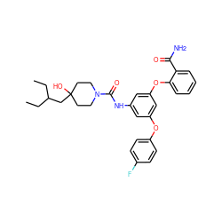 CCC(CC)CC1(O)CCN(C(=O)Nc2cc(Oc3ccc(F)cc3)cc(Oc3ccccc3C(N)=O)c2)CC1 ZINC000224430421