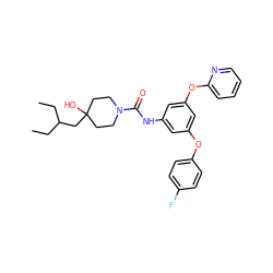 CCC(CC)CC1(O)CCN(C(=O)Nc2cc(Oc3ccc(F)cc3)cc(Oc3ccccn3)c2)CC1 ZINC000299860448