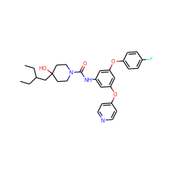 CCC(CC)CC1(O)CCN(C(=O)Nc2cc(Oc3ccncc3)cc(Oc3ccc(F)cc3)c2)CC1 ZINC000299855687