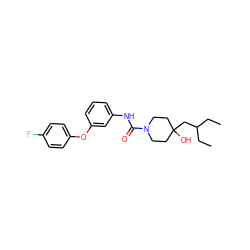 CCC(CC)CC1(O)CCN(C(=O)Nc2cccc(Oc3ccc(F)cc3)c2)CC1 ZINC000140064914