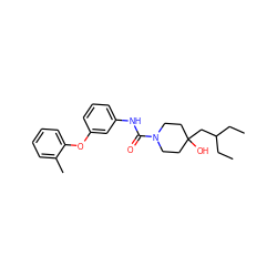 CCC(CC)CC1(O)CCN(C(=O)Nc2cccc(Oc3ccccc3C)c2)CC1 ZINC000163651935