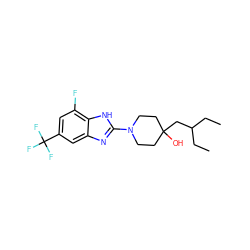 CCC(CC)CC1(O)CCN(c2nc3cc(C(F)(F)F)cc(F)c3[nH]2)CC1 ZINC000473248665