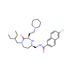 CCC(CC)CN1CC[C@H](CNC(=O)c2ccc3cc(Cl)ccc3c2)N[C@H](CCN2CCCCC2)C1=O ZINC000206888093