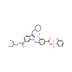 CCC(CC)CNC(=O)c1ccc2c(CC3CCCCC3)cn(Cc3ccc(C(=O)NS(=O)(=O)c4ccccc4C)cc3OC)c2c1 ZINC000027407946