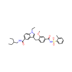 CCC(CC)CNC(=O)c1ccc2c(c1)c(Cc1ccc(C(=O)NS(=O)(=O)c3ccccc3C)cc1OC)cn2CC ZINC000027326034