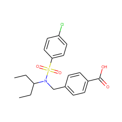 CCC(CC)N(Cc1ccc(C(=O)O)cc1)S(=O)(=O)c1ccc(Cl)cc1 ZINC000115752945