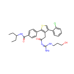 CCC(CC)NC(=O)c1ccc(-c2scc(-c3ccccc3Cl)c2CC(=O)/N=C(/N)NCCCO)cc1 ZINC000028826092