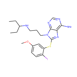 CCC(CC)NCCCn1c(Sc2cc(OC)ccc2I)nc2c(N)ncnc21 ZINC000013679909