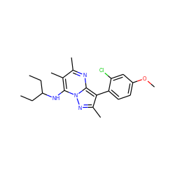 CCC(CC)Nc1c(C)c(C)nc2c(-c3ccc(OC)cc3Cl)c(C)nn12 ZINC000072113283