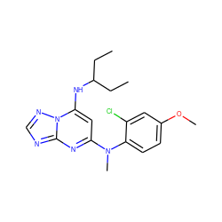 CCC(CC)Nc1cc(N(C)c2ccc(OC)cc2Cl)nc2ncnn12 ZINC000072119802