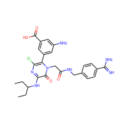 CCC(CC)Nc1nc(Cl)c(-c2cc(N)cc(C(=O)O)c2)n(CC(=O)NCc2ccc(C(=N)N)cc2)c1=O ZINC000027329123