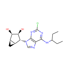 CCC(CC)Nc1nc(Cl)nc2c1ncn2[C@H]1[C@H](O)[C@H](O)[C@@H]2C[C@@H]21 ZINC000084617169