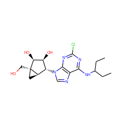 CCC(CC)Nc1nc(Cl)nc2c1ncn2[C@H]1[C@H](O)[C@H](O)[C@]2(CO)C[C@H]12 ZINC001772616487