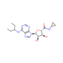 CCC(CC)Nc1ncnc2c1ncn2[C@H]1O[C@H](C(=O)NC2CC2)[C@@H](O)[C@H]1O ZINC000048999991