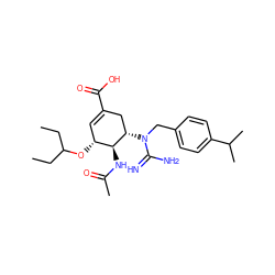 CCC(CC)O[C@@H]1C=C(C(=O)O)C[C@H](N(Cc2ccc(C(C)C)cc2)C(=N)N)[C@H]1NC(C)=O ZINC000299836162