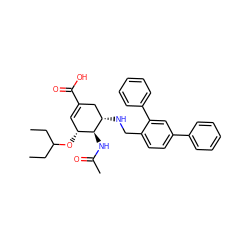 CCC(CC)O[C@@H]1C=C(C(=O)O)C[C@H](NCc2ccc(-c3ccccc3)cc2-c2ccccc2)[C@H]1NC(C)=O ZINC000213848829