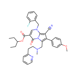 CCC(CC)OC(=O)c1cn(Cc2ccccc2F)c2c(C#N)c(-c3ccc(OC)cc3)c(CN(C)CCc3ccccn3)n2c1=O ZINC000027319759