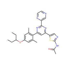 CCC(CC)Oc1cc(C)c(-c2cc(-c3cnc(NC(C)=O)s3)nc(-c3cnccn3)n2)c(C)c1 ZINC000084687247