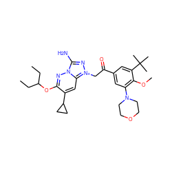 CCC(CC)Oc1nn2c(N)n[n+](CC(=O)c3cc(N4CCOCC4)c(OC)c(C(C)(C)C)c3)c2cc1C1CC1 ZINC000115442799