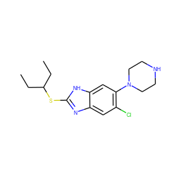 CCC(CC)Sc1nc2cc(Cl)c(N3CCNCC3)cc2[nH]1 ZINC000000003308