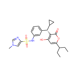 CCC(CC)c1cc(O)c([C@H](c2cccc(NS(=O)(=O)c3cn(C)cn3)c2)C2CC2)c(=O)o1 ZINC000003815632