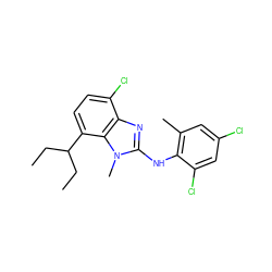 CCC(CC)c1ccc(Cl)c2nc(Nc3c(C)cc(Cl)cc3Cl)n(C)c12 ZINC000088366517