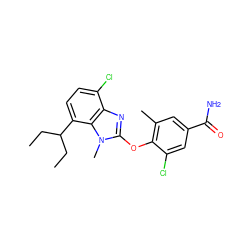 CCC(CC)c1ccc(Cl)c2nc(Oc3c(C)cc(C(N)=O)cc3Cl)n(C)c12 ZINC000148600384