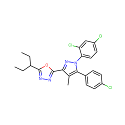 CCC(CC)c1nnc(-c2nn(-c3ccc(Cl)cc3Cl)c(-c3ccc(Cl)cc3)c2C)o1 ZINC000045496855