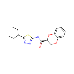 CCC(CC)c1nnc(NC(=O)[C@@H]2COc3ccccc3O2)s1 ZINC000005860398