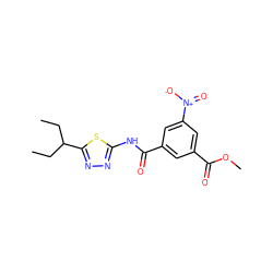 CCC(CC)c1nnc(NC(=O)c2cc(C(=O)OC)cc([N+](=O)[O-])c2)s1 ZINC000002734879