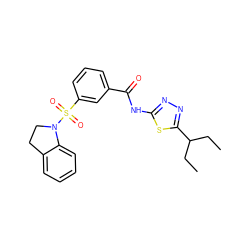 CCC(CC)c1nnc(NC(=O)c2cccc(S(=O)(=O)N3CCc4ccccc43)c2)s1 ZINC000002631777