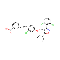 CCC(CC)c1onc(-c2c(Cl)cccc2Cl)c1COc1ccc(/C=C/c2cccc(C(=O)O)c2)c(Cl)c1 ZINC000044404669