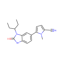 CCC(CC)n1c(=O)[nH]c2ccc(-c3ccc(C#N)n3C)cc21 ZINC000028869038