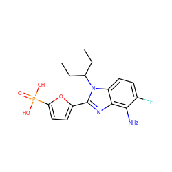 CCC(CC)n1c(-c2ccc(P(=O)(O)O)o2)nc2c(N)c(F)ccc21 ZINC000045285715