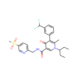 CCC(CC)n1cc(C(=O)NCc2ccc(S(C)(=O)=O)cn2)c(=O)c(-c2cccc(C(F)F)c2)c1C ZINC000149811662